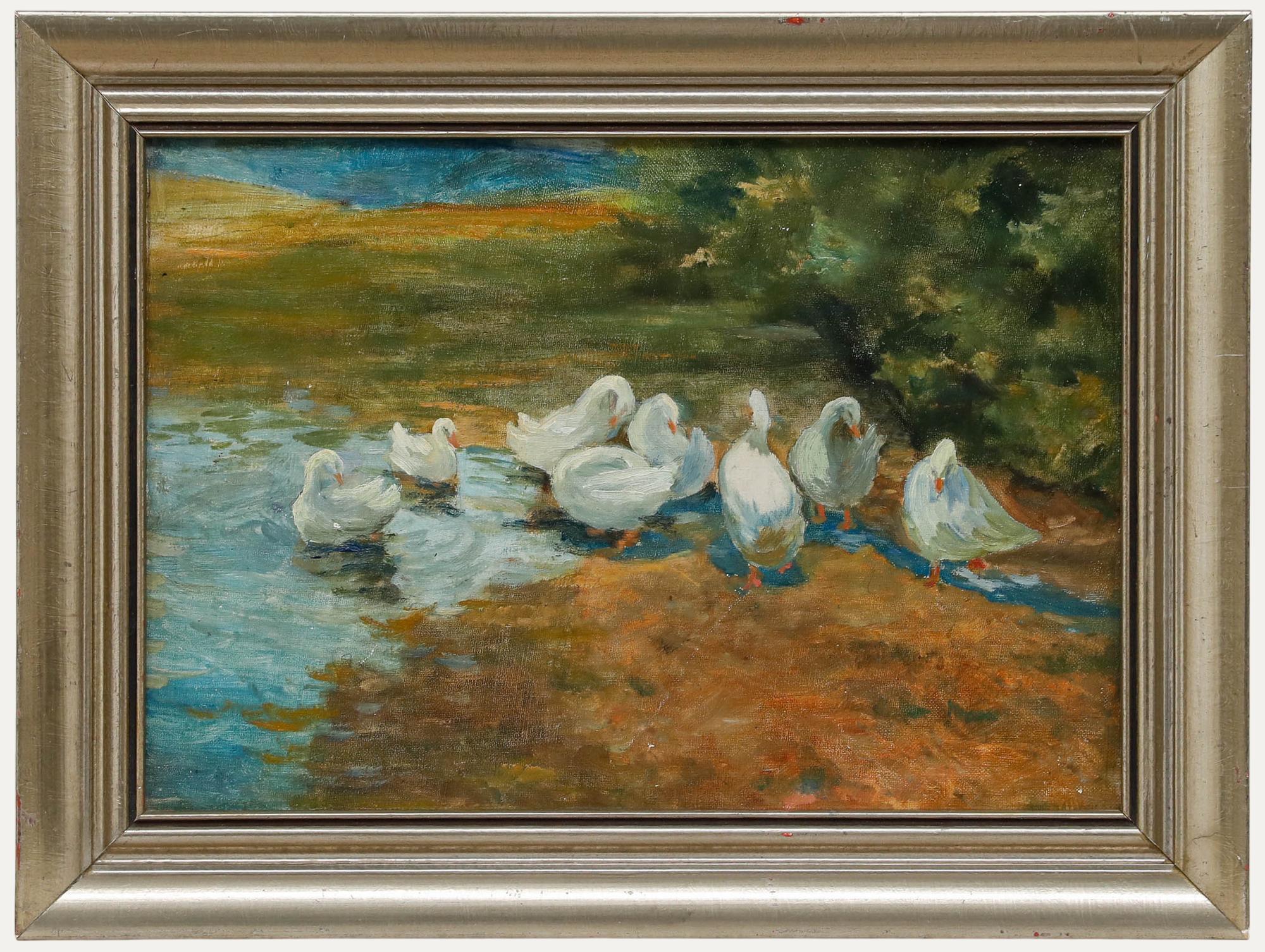 Unknown Animal Painting - Framed Mid 20th Century Oil - Geese on the River bank