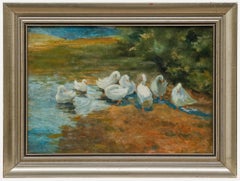 Framed Mid 20th Century Oil - Geese on the River bank