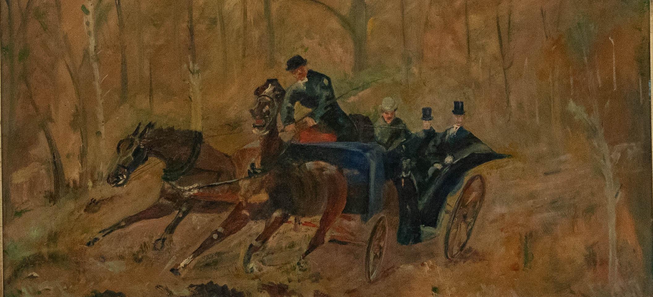 Gerahmtes Öl aus der Mitte des 20. Jahrhunderts - Gentlemen in einem pferdegezogenen Phaeton – Painting von Unknown