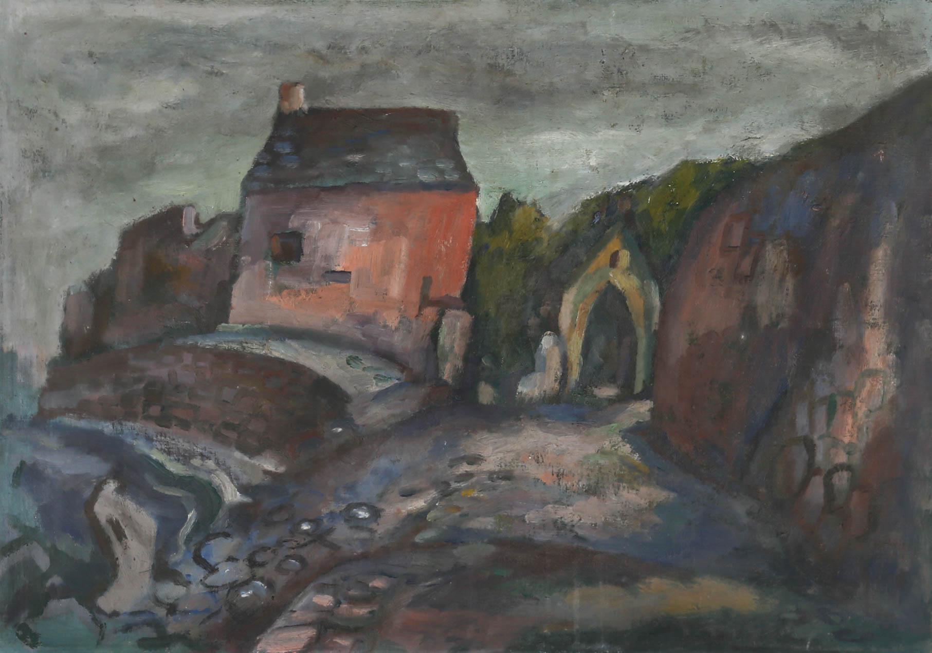 Framed Mid 20th Century Oil - House in a Landscape - Painting by Unknown