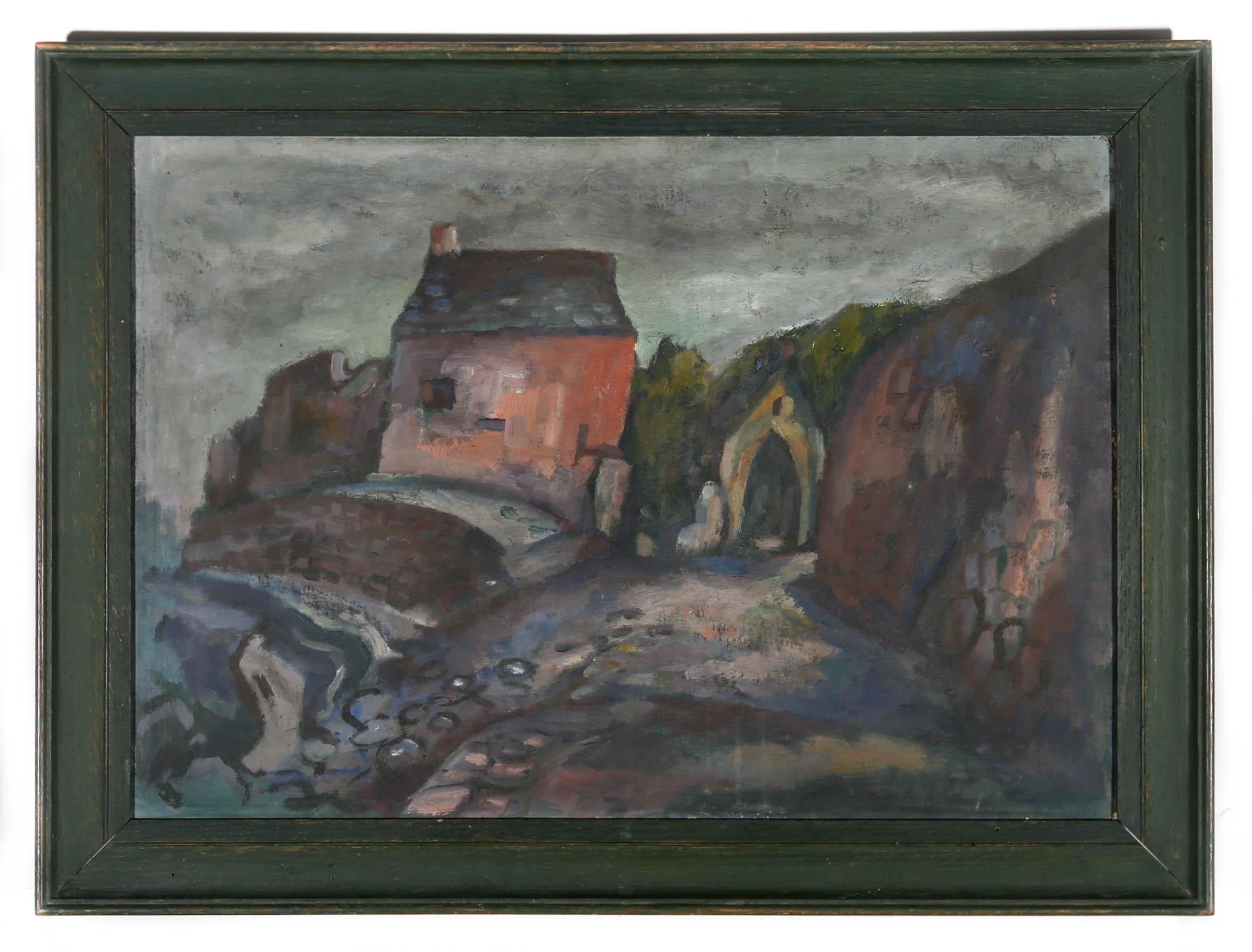Perched on top a rocky ridge is this mid-century depiction of a slate roofed chapel, with historic stone entrance and salmon pink render. The artist has been clever with colour, adding brighter tones to the painting's architectural features, while