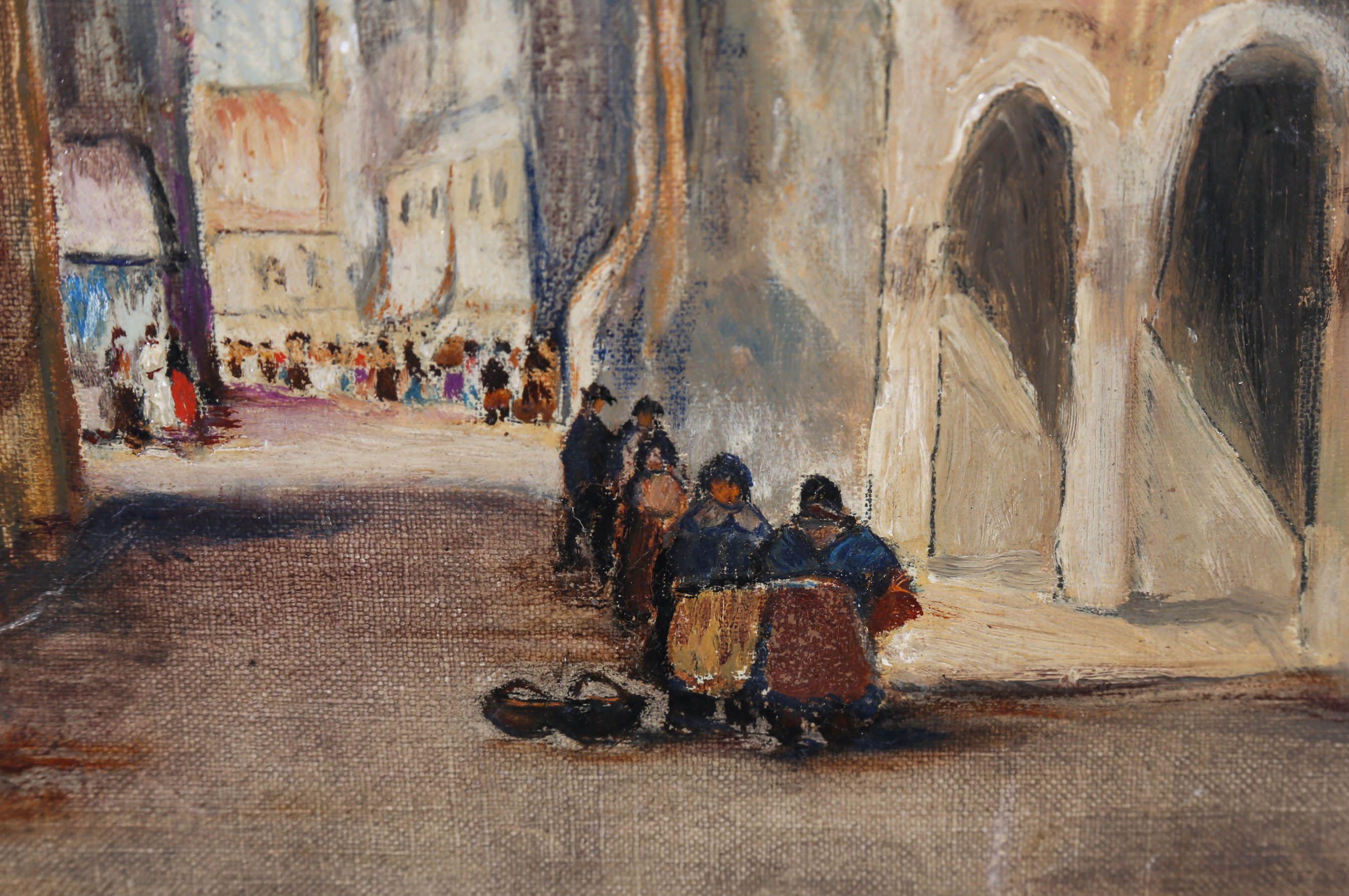 This charming continental scene depicts figures on a quiet Italian side street in the midst of running errands, and making polite conversation with acquittances. Further down on the street along, crowds can be seen gathering for the daily market in