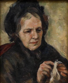 Framed Mid 20th Century Oil - Lady Knitting