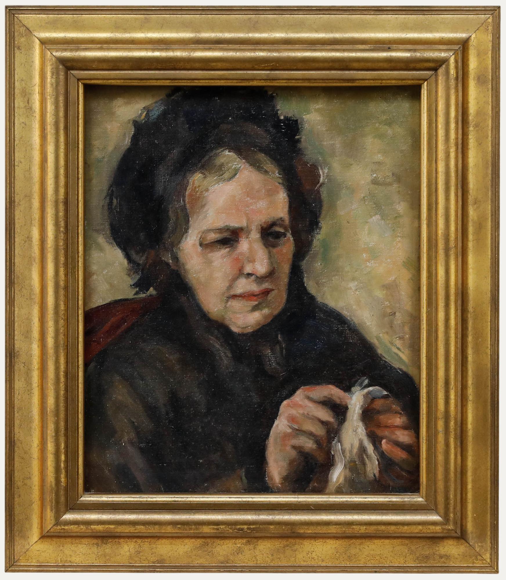 Framed Mid 20th Century Oil - Lady Knitting