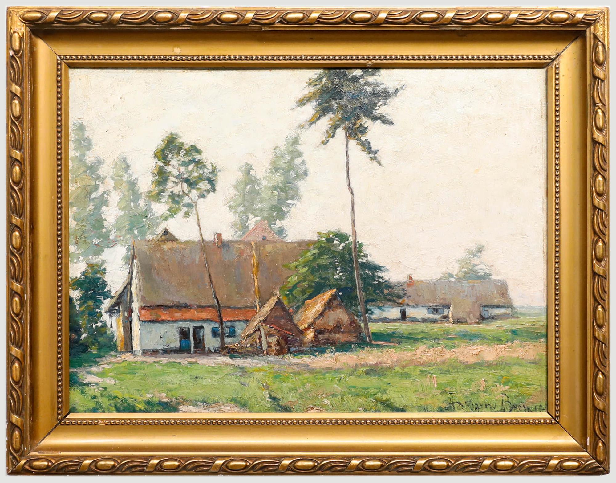 Huile du milieu du 20e siècle encadrée - Fin d'été