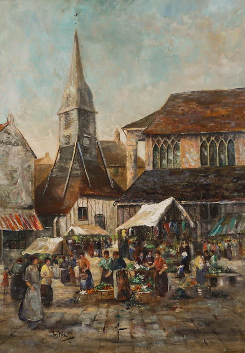 Gerahmtes Ölgemälde aus der Mitte des 20. Jahrhunderts – Markttag, Honfleur – Painting von Unknown