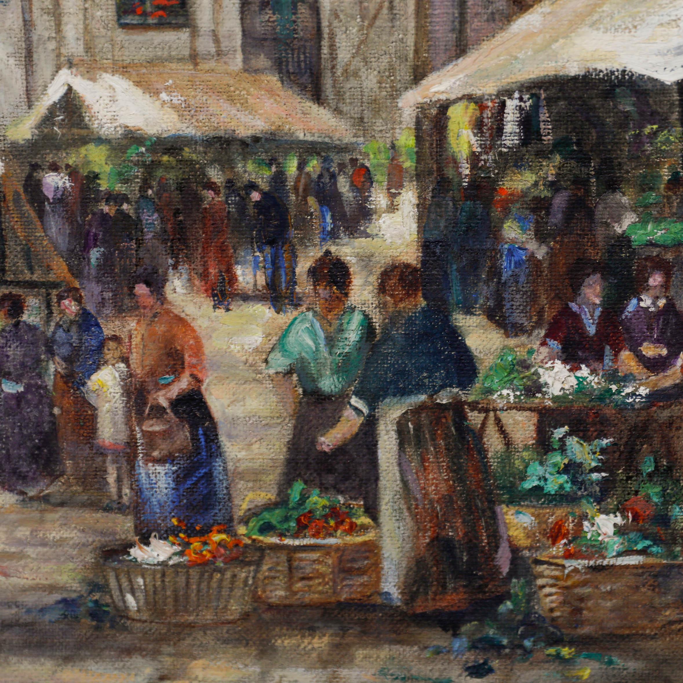 Ein lebhaftes Ölgemälde, das einen belebten Markttag in der normannischen Gemeinde Honfleur darstellt. Gut präsentiert in einem großen vergoldeten Rahmen mit Blattwerkleisten. Auf Leinwand auf Keilrahmen.