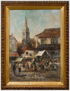 Óleo enmarcado de mediados del siglo XX - Día de mercado, Honfleur