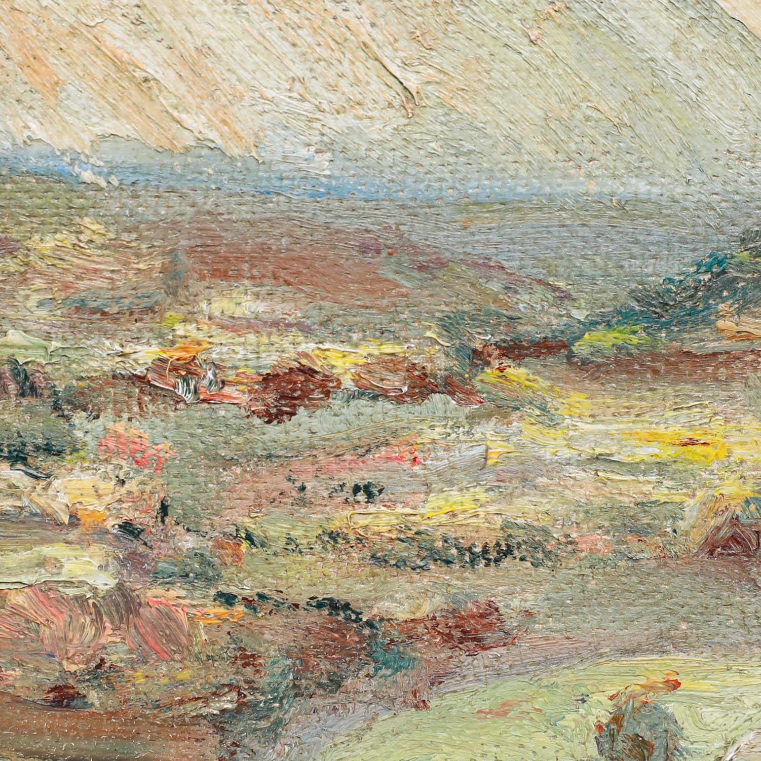 Huile encadrée du milieu du 20e siècle - Paysage de montagne - Marron Landscape Painting par Unknown