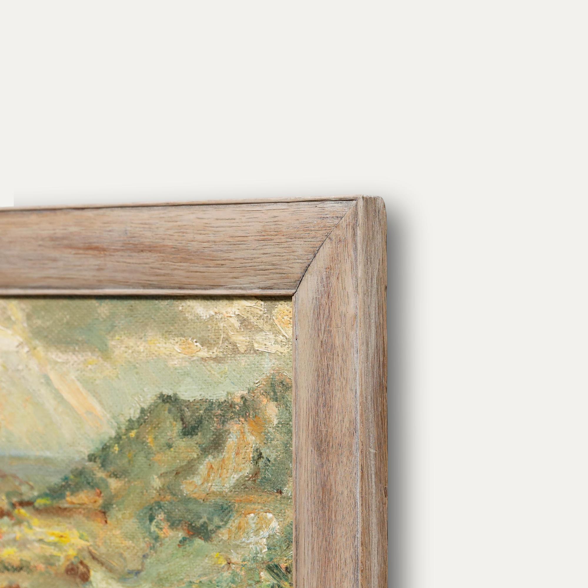Un paysage riche en empâtements représentant une vue automnale avec des champs vallonnés et une grande colline. Bien présenté dans un cadre en bois simple. A bord.