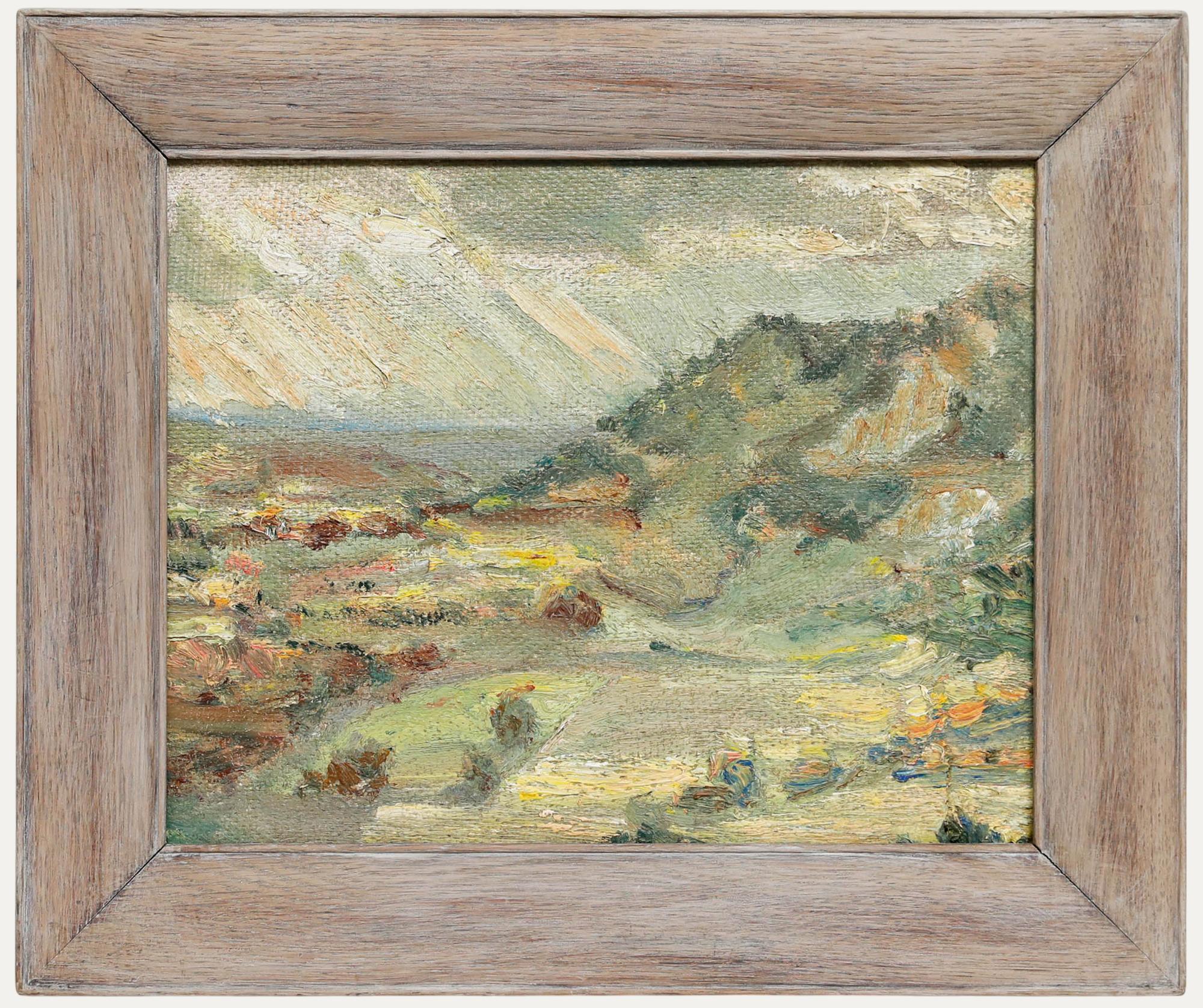 Huile encadrée du milieu du 20e siècle - Paysage de montagne