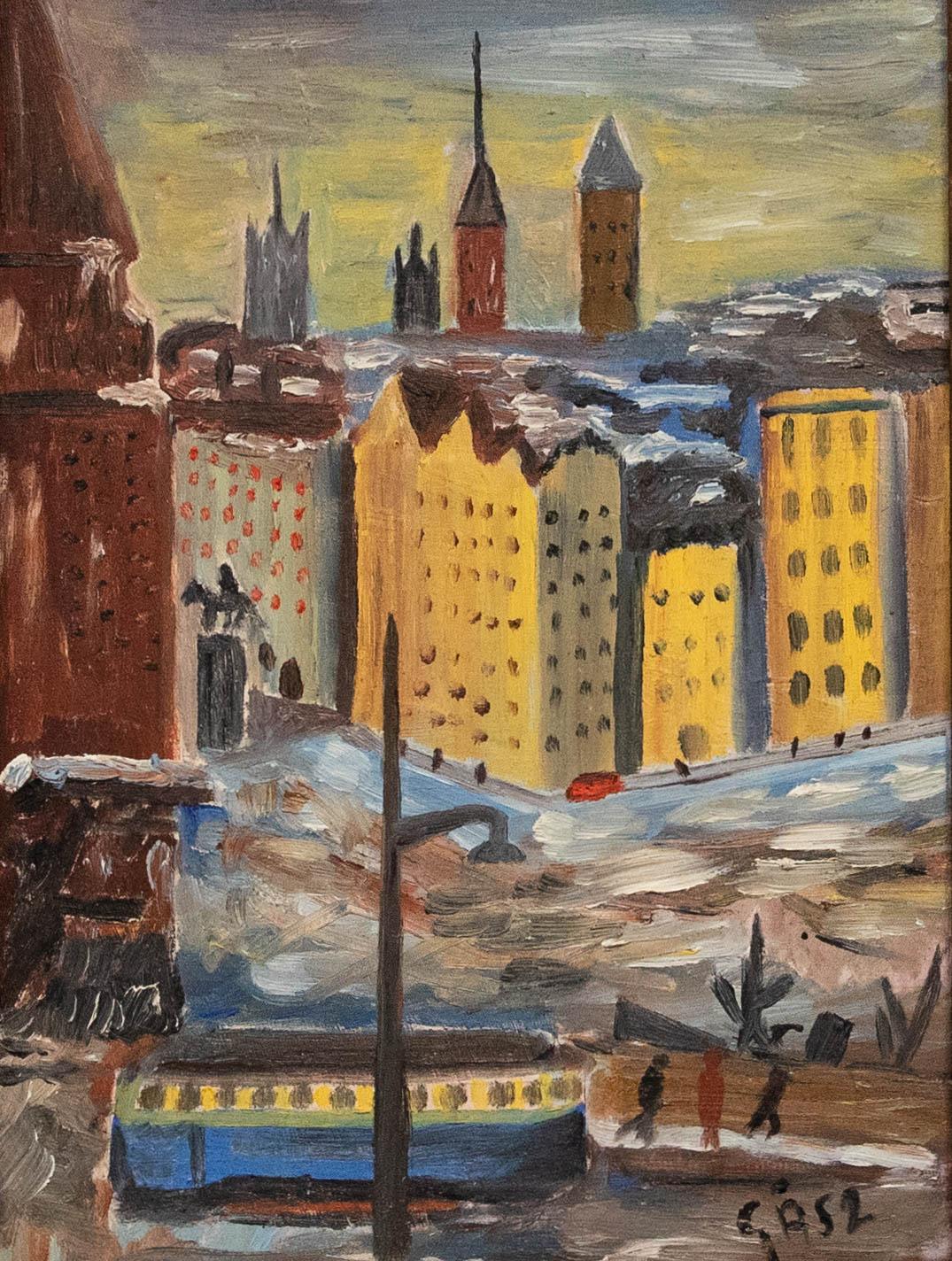 Olio incorniciato della metà del XX secolo - Non ci si ferma a Stoccolma - Painting di Unknown