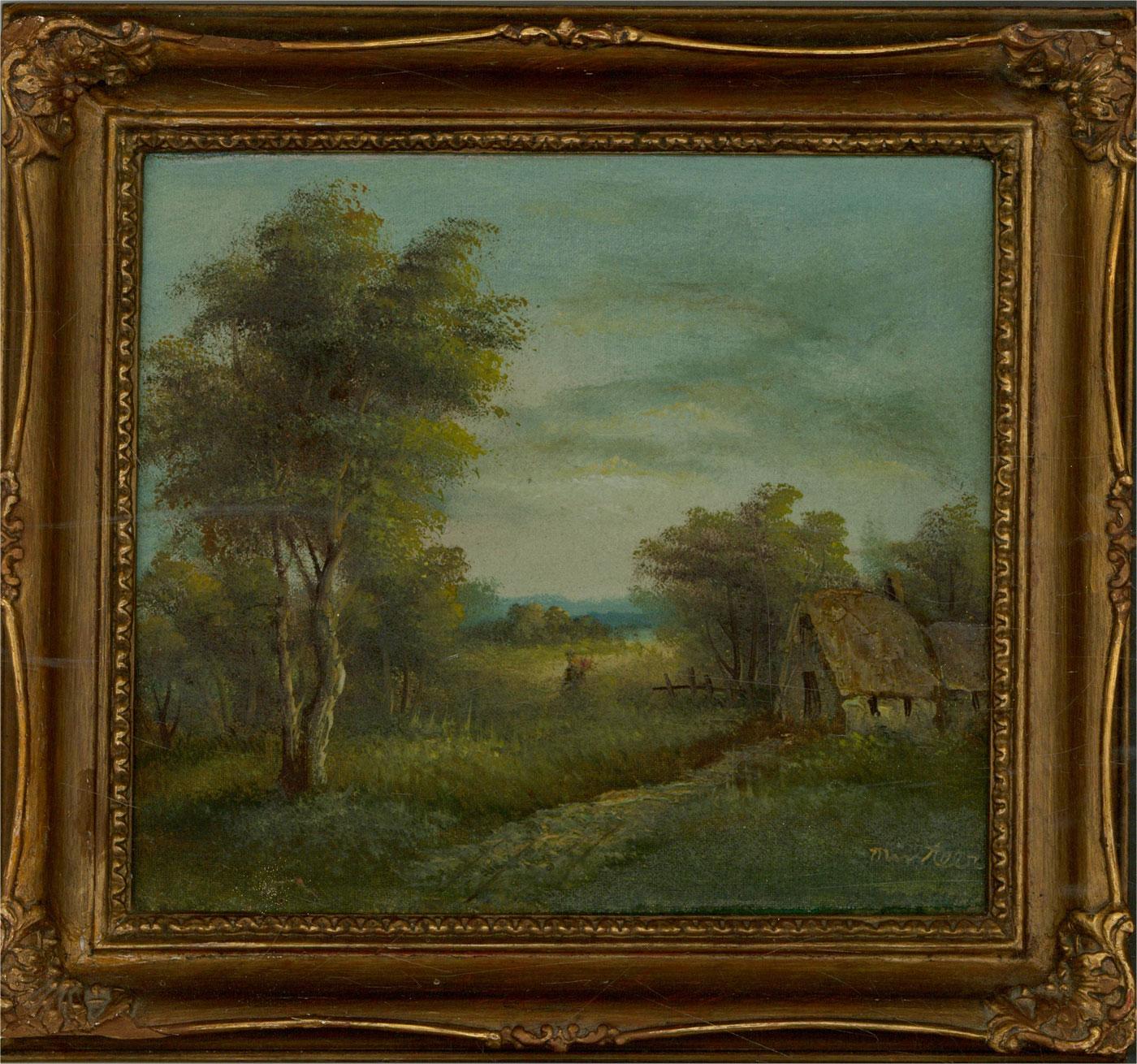 A palette of luscious, leafy oils brilliantly depicts an old farm on a quiet afternoon. The artwork is indistinctly signed and well presented in a beautifully molded gilt wood frame. On canvas on stretchers.