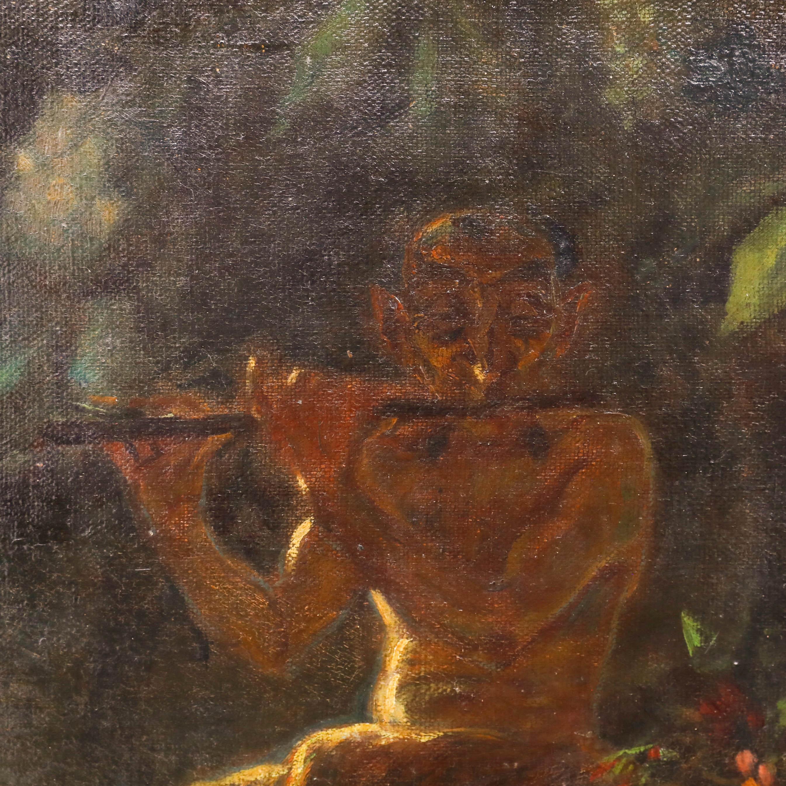 Gerahmtes Öl aus der Mitte des 20. Jahrhunderts - Pan und die schlafende Nymphe – Painting von Unknown