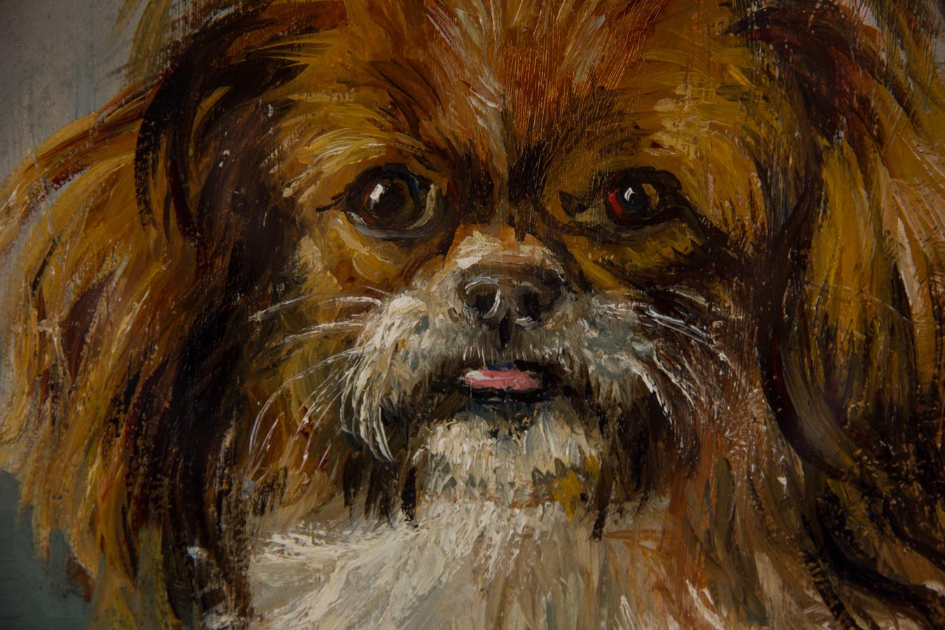Framed Mid 20th Century Oil - Pekingese Dog - Black Animal Painting by Unknown