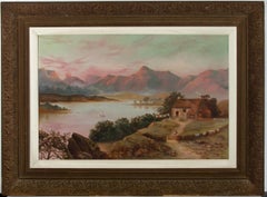 Framed Mid 20th Century Oil - Pink Sunset Over the Mountains