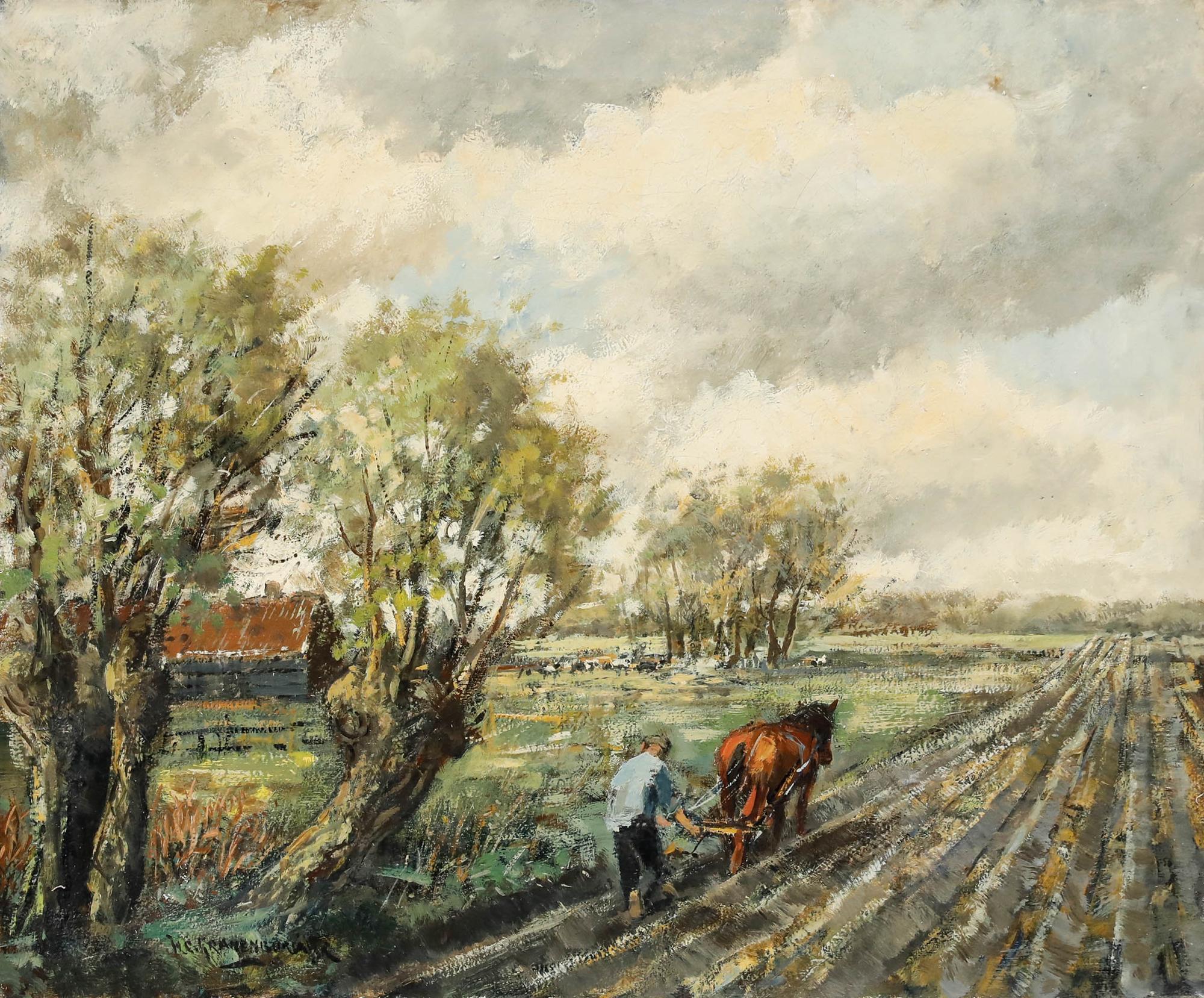 Gerahmtes Öl aus der Mitte des 20. Jahrhunderts - Pflügen des Feldes – Painting von Unknown