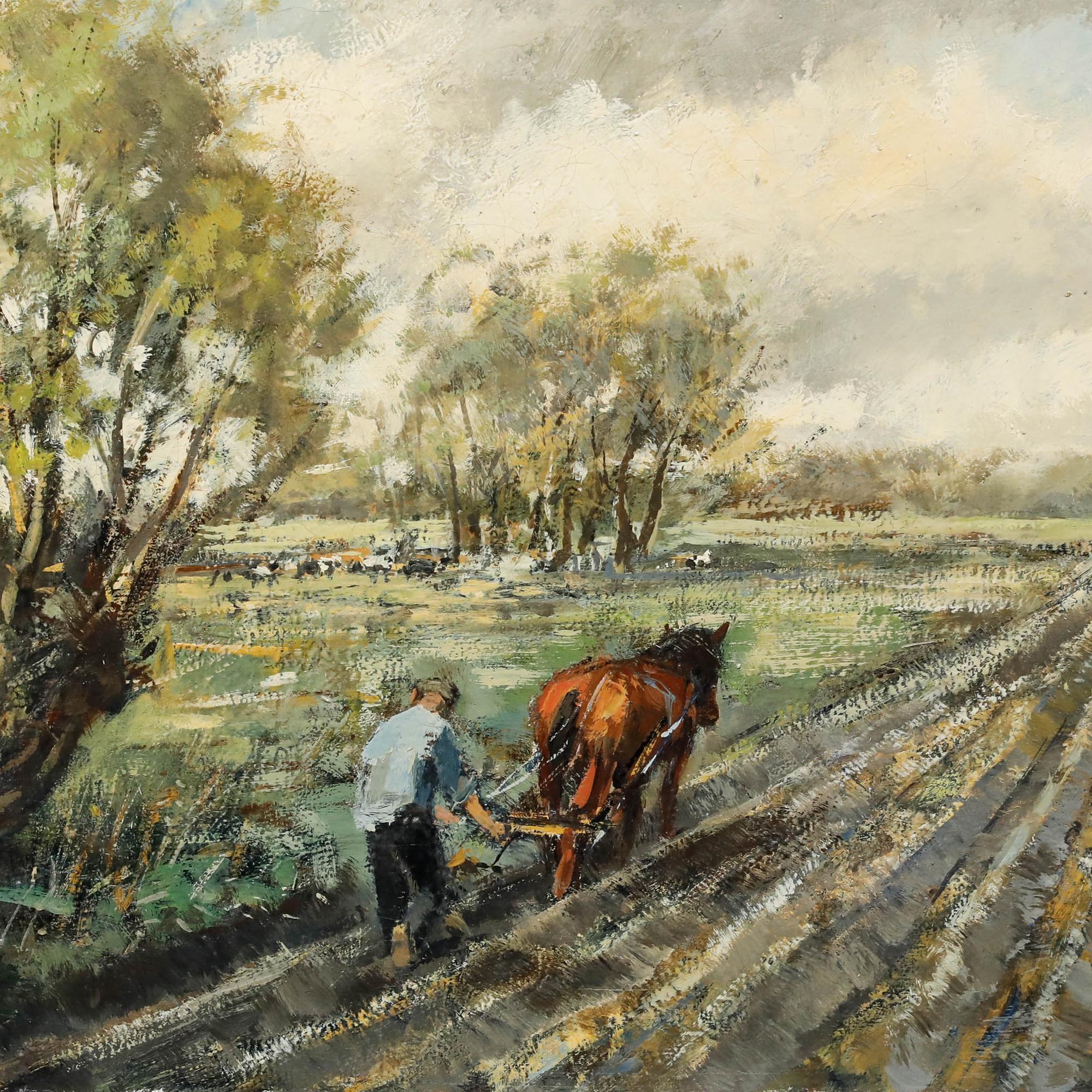 Gerahmtes Öl aus der Mitte des 20. Jahrhunderts - Pflügen des Feldes (Beige), Landscape Painting, von Unknown