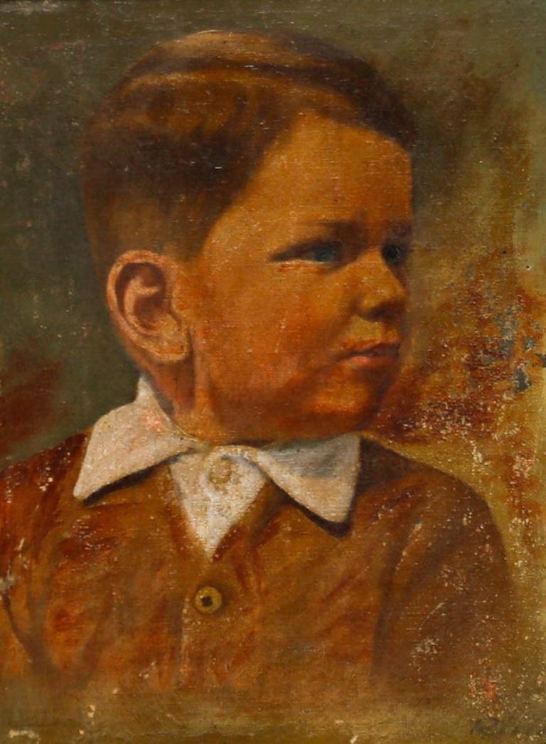 Huile encadrée du milieu du 20e siècle - Portrait d'un garçon - Painting de Unknown
