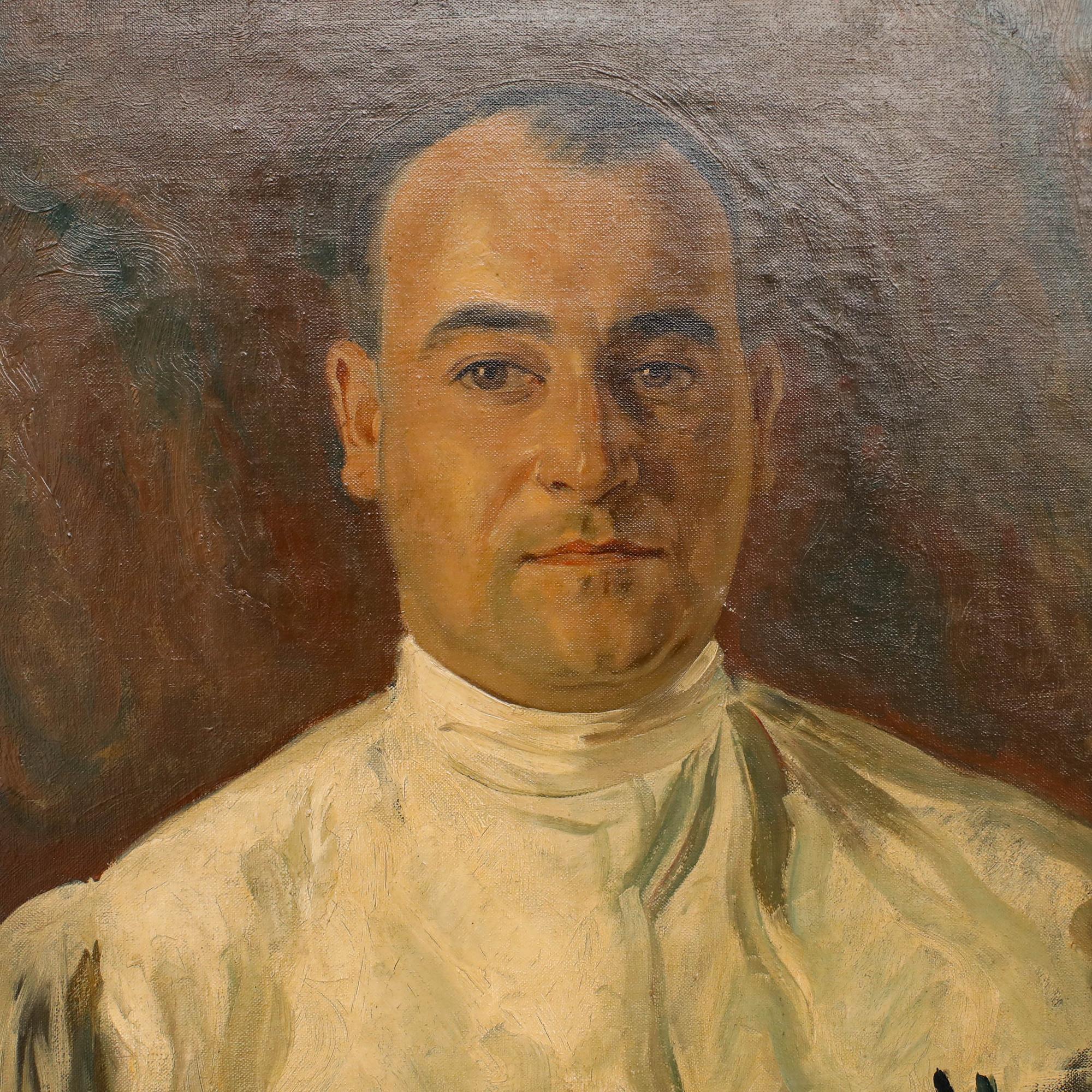 A mid 20th century oil on canvas portrait of a surgeon, captured with a sense of professional resolve. The sitter, dressed in a crisp white medical coat, is set against a subdued, painterly backdrop of earthy tones. The stark folds of his uniform