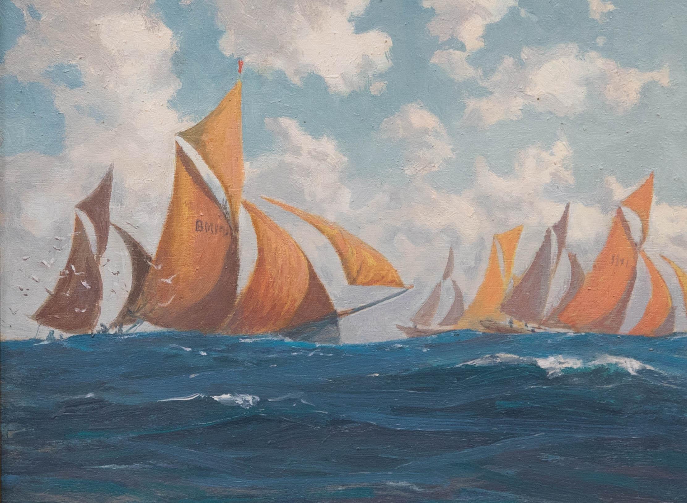Gerahmtes Ölgemälde aus der Mitte des 20. Jahrhunderts – Renn Yachts vor Portland – Painting von Unknown