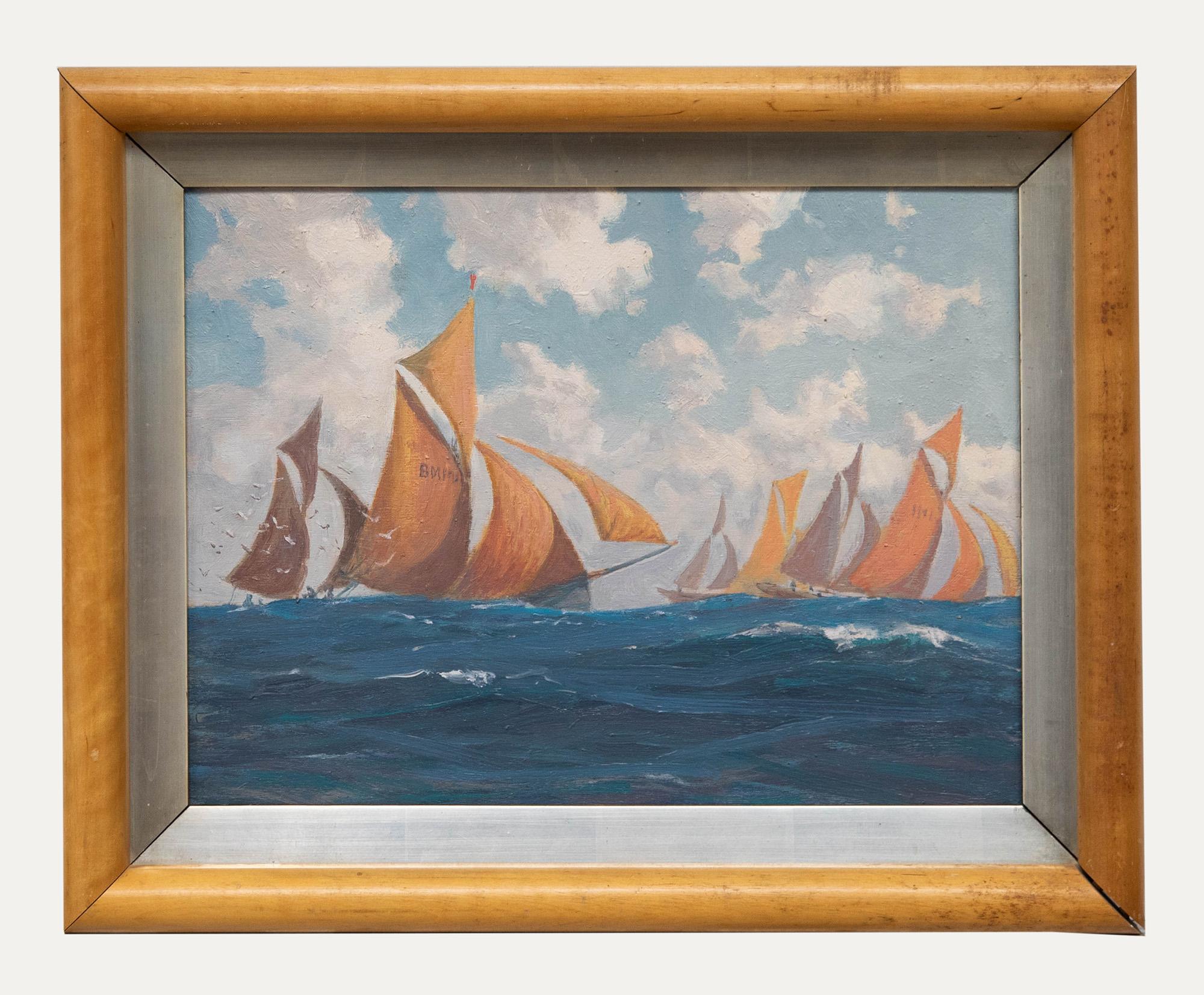 Unknown Figurative Painting – Gerahmtes Ölgemälde aus der Mitte des 20. Jahrhunderts – Renn Yachts vor Portland