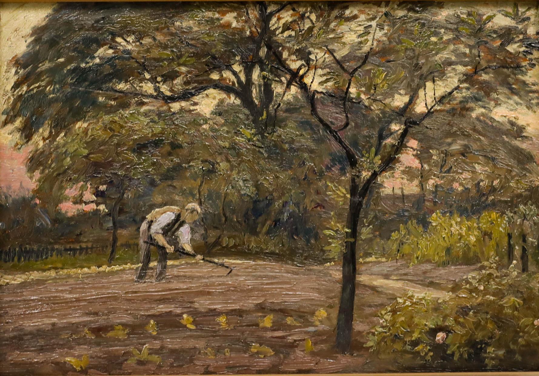 Framed Mid 20th Century Oil - Raking in the Seeds - Painting by Unknown