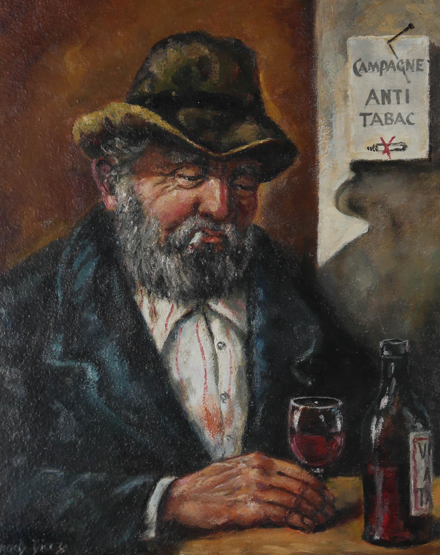 Framed Mid 20th Century Oil - Red Wine Connoisseur - Painting by Unknown