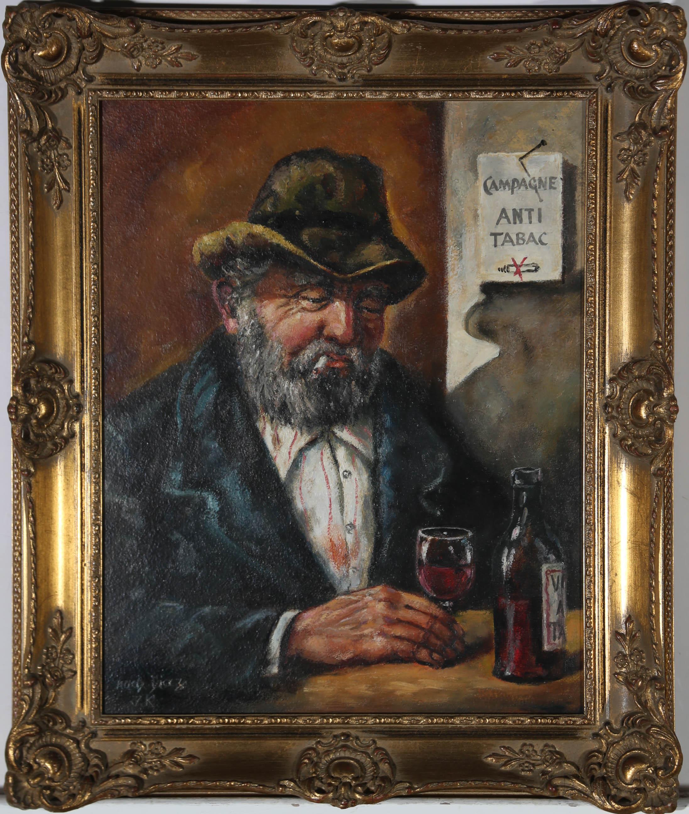 Unknown Portrait Painting - Framed Mid 20th Century Oil - Red Wine Connoisseur