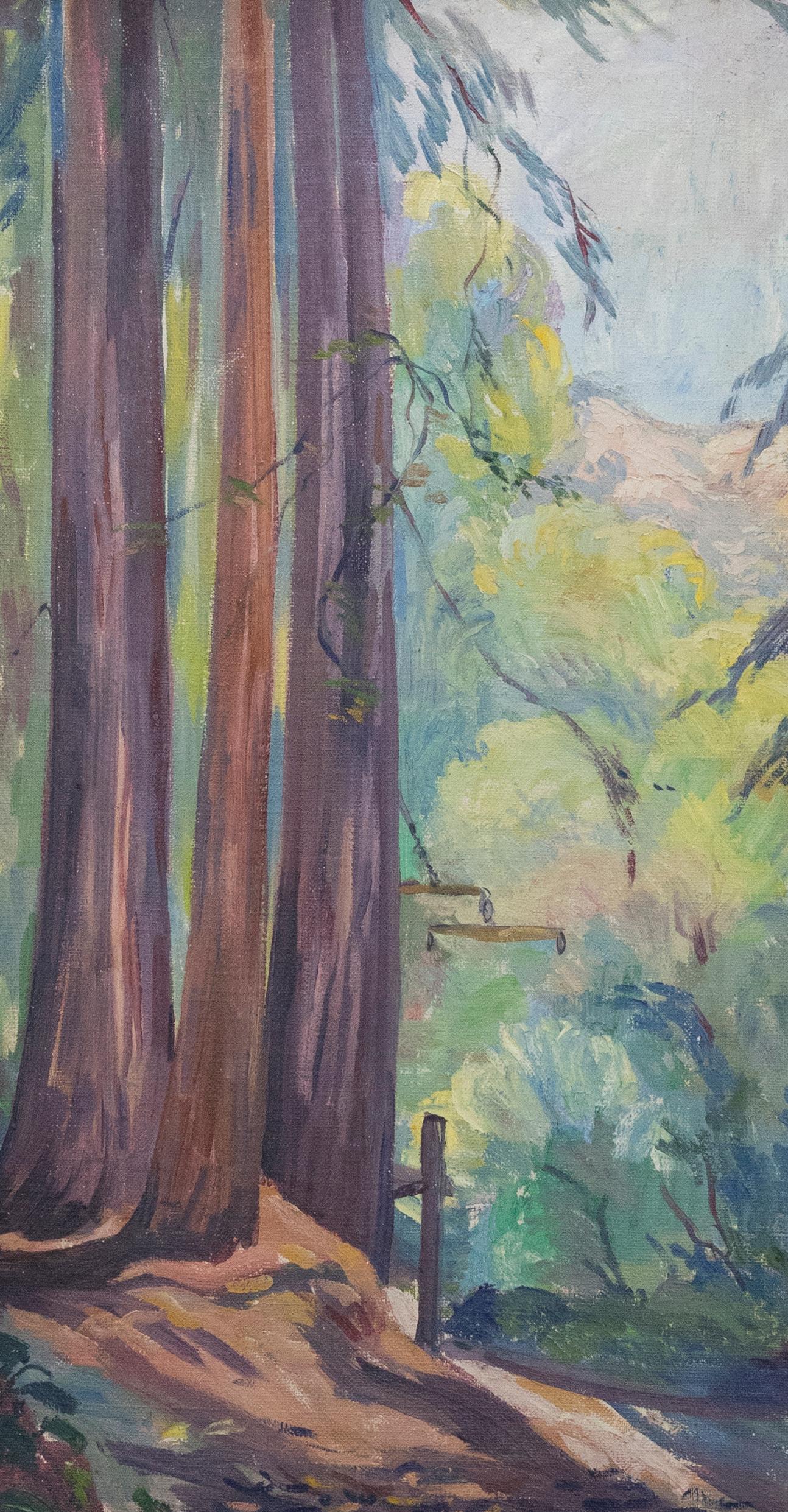 Óleo enmarcado de mediados del siglo XX - Árboles de secuoya - Painting de Unknown