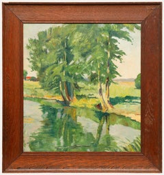 Olio della metà del XX secolo incorniciato - Riflessi nel fiume