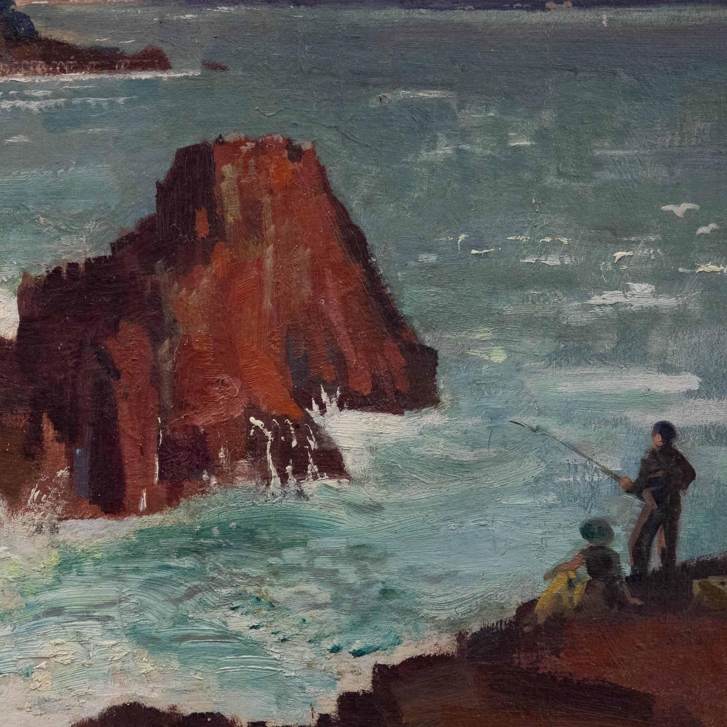 Framed Mid 20th Century Oil - Sea Fishing from the Cliff Edge For Sale 1