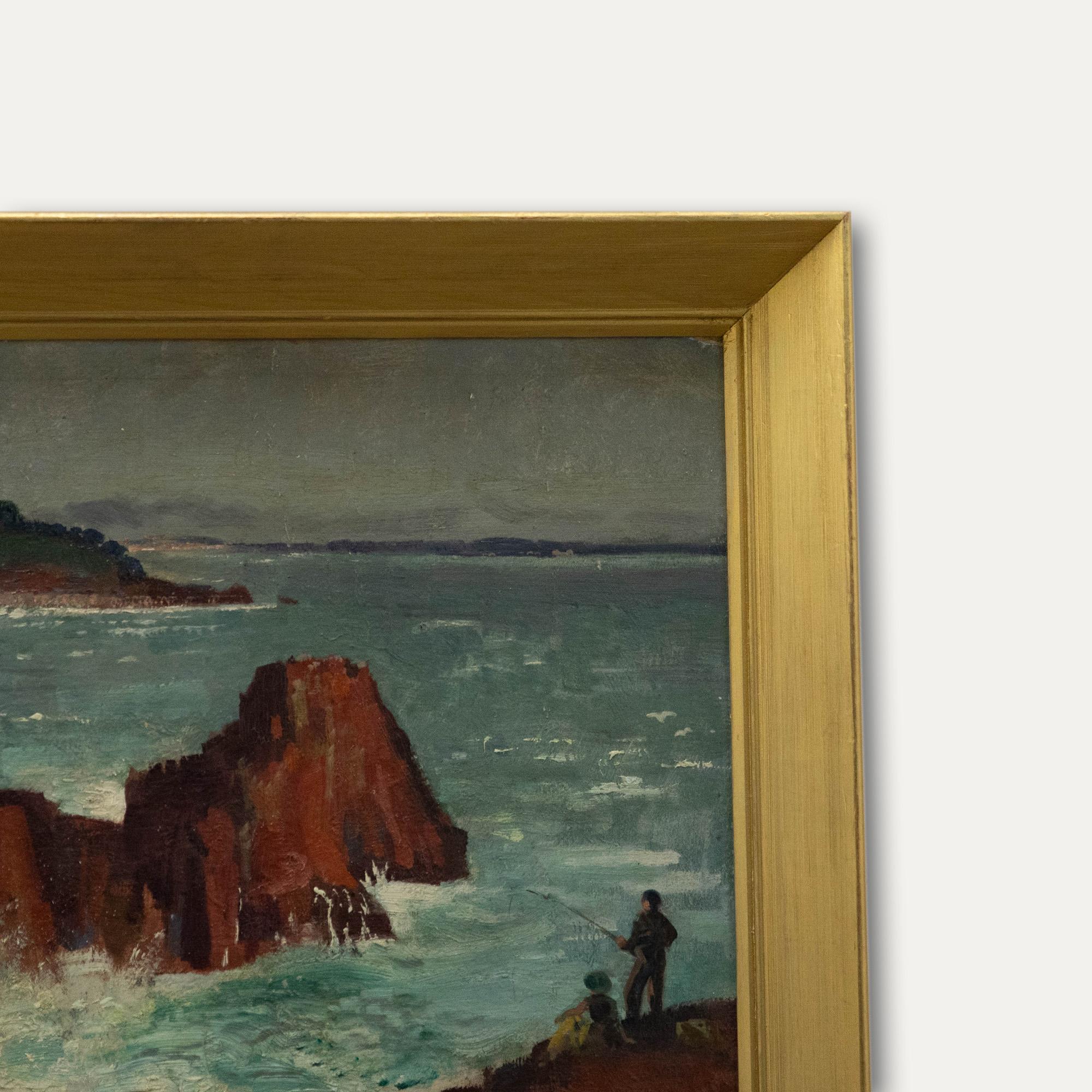 Framed Mid 20th Century Oil - Sea Fishing from the Cliff Edge For Sale 2