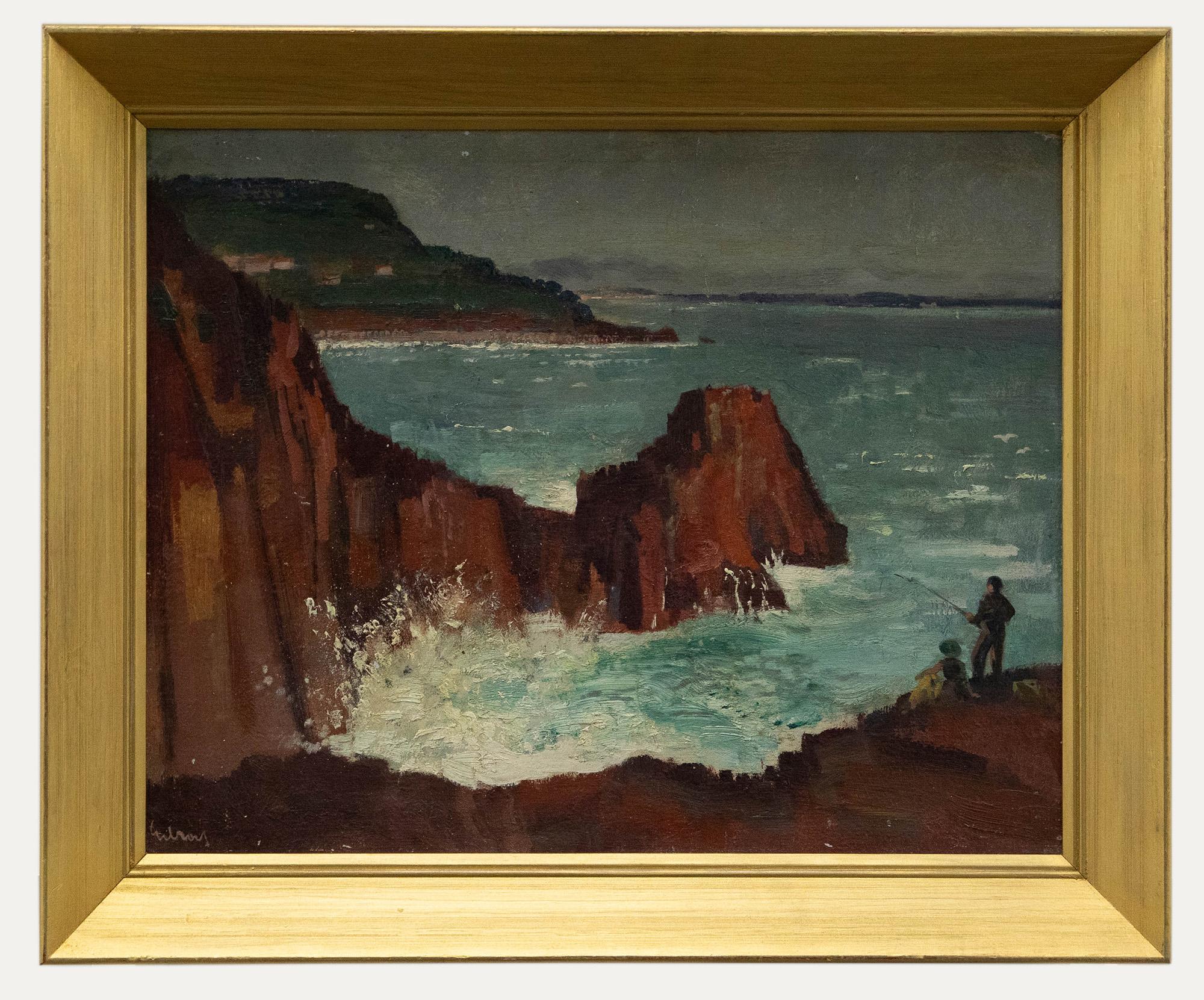 Unknown Figurative Painting - Framed Mid 20th Century Oil - Sea Fishing from the Cliff Edge