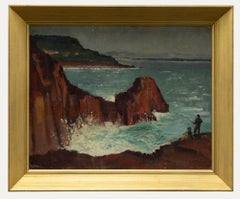 Framed Mid 20th Century Oil - Sea Fishing from the Cliff Edge