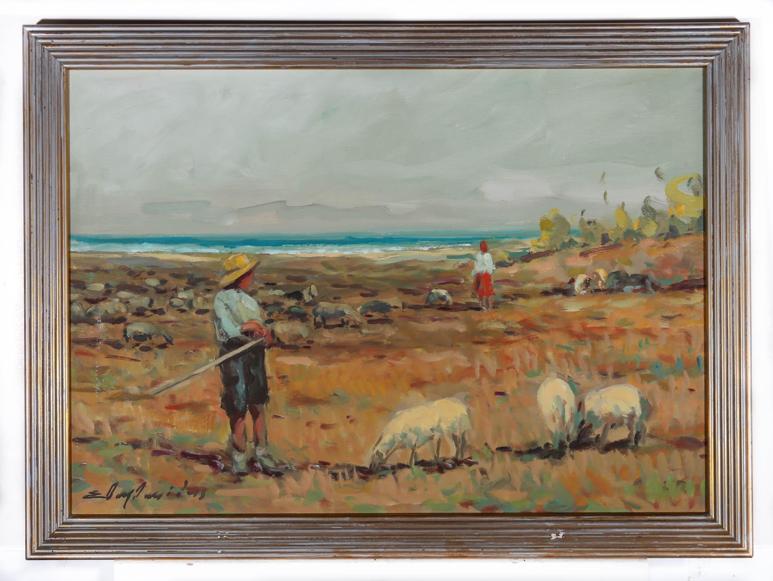 This beautiful oil scene depicts a large group of sheep grazing in close proximity to the coast. The flock's young shepherd is pictured looking over his shoulder, distracted by a women in red calling from behind. Signed to the lower left hand
