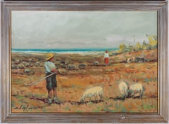 Retro Framed Mid 20th Century Oil - Shepherding on the Coast