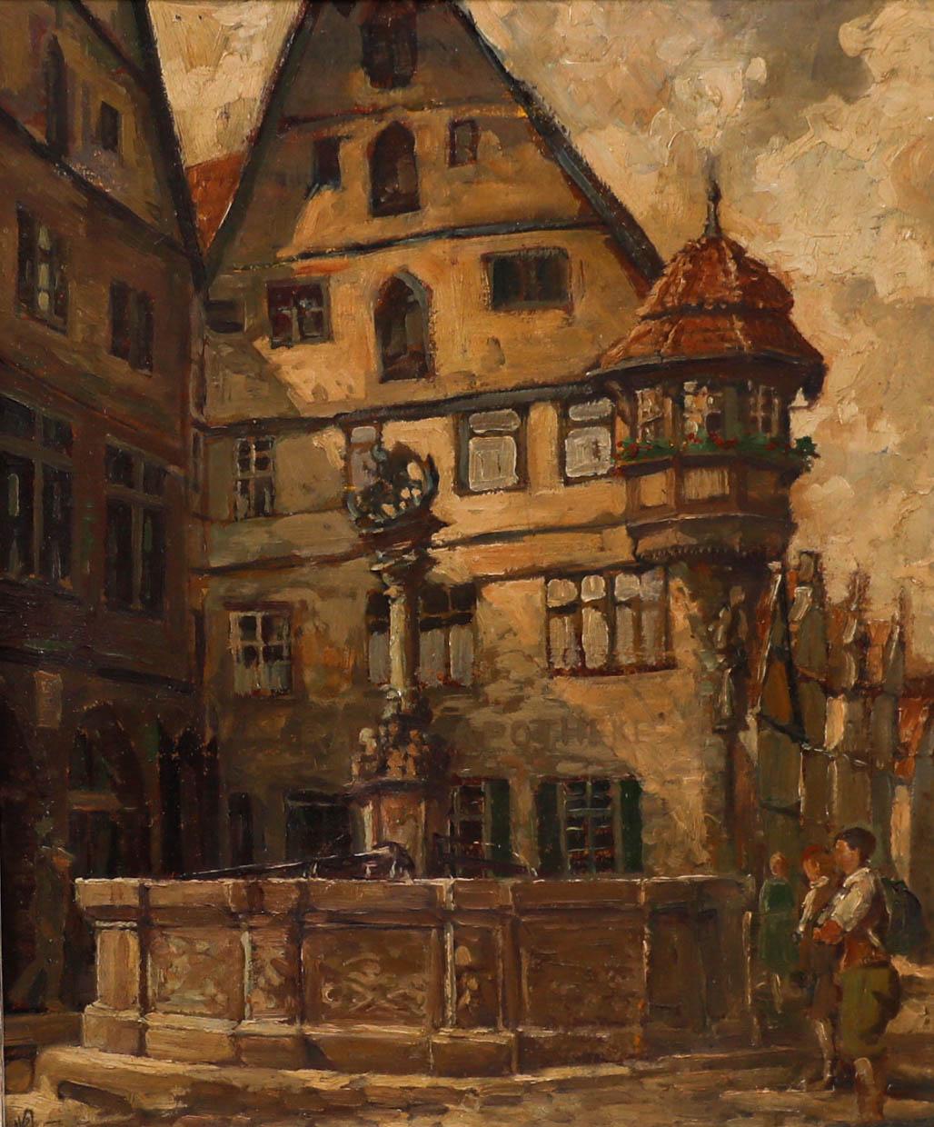 Framed Mid 20th Century Oil - St George's Fountain, Rothenburg - Painting by Unknown