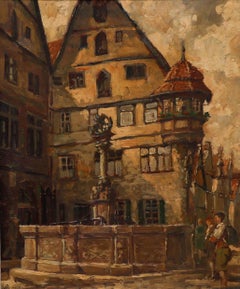 Framed Mid 20th Century Oil - St George's Fountain, Rothenburg