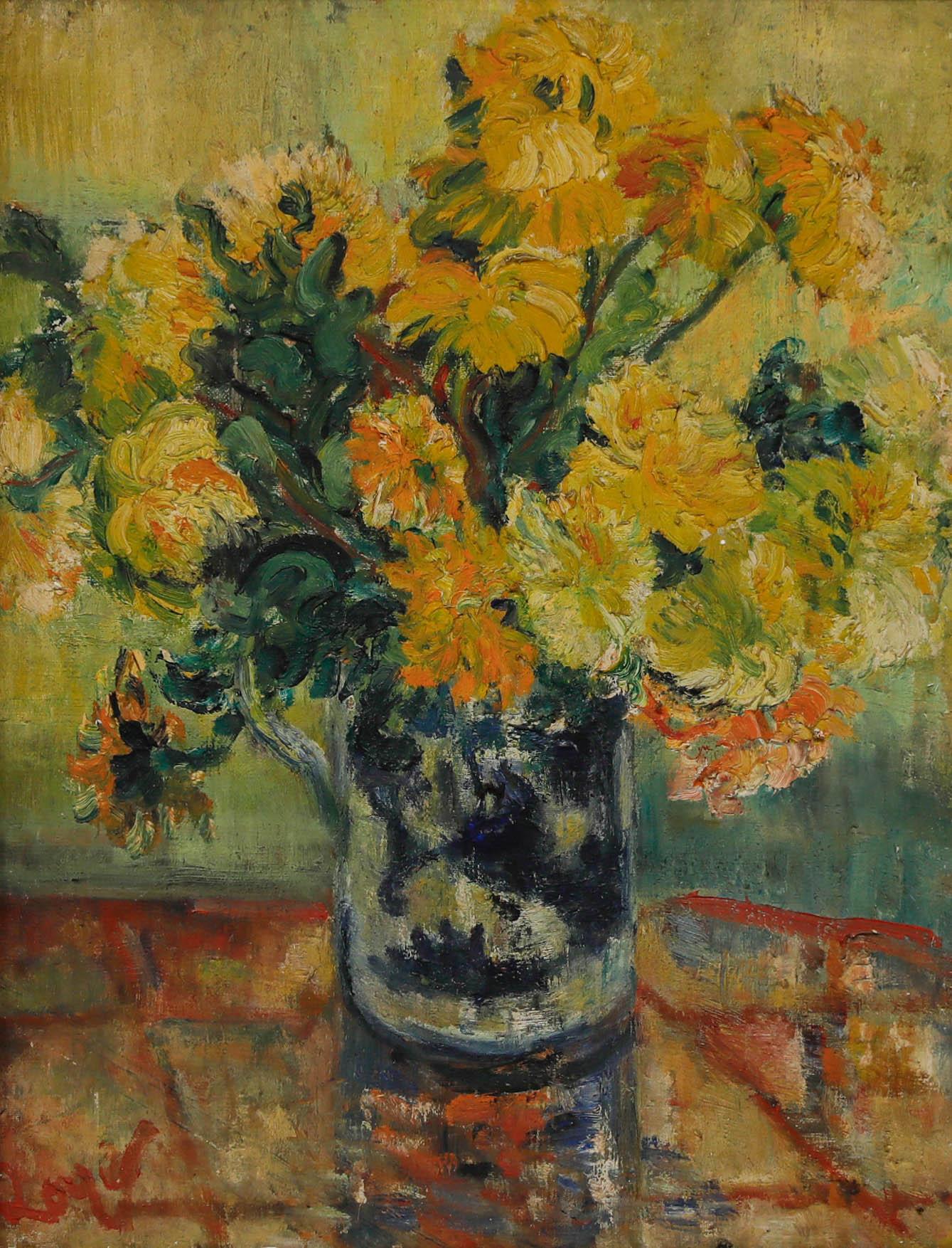 Huile encadrée du milieu du 20e siècle - Nature morte aux soucis dans une cruche - Painting de Unknown