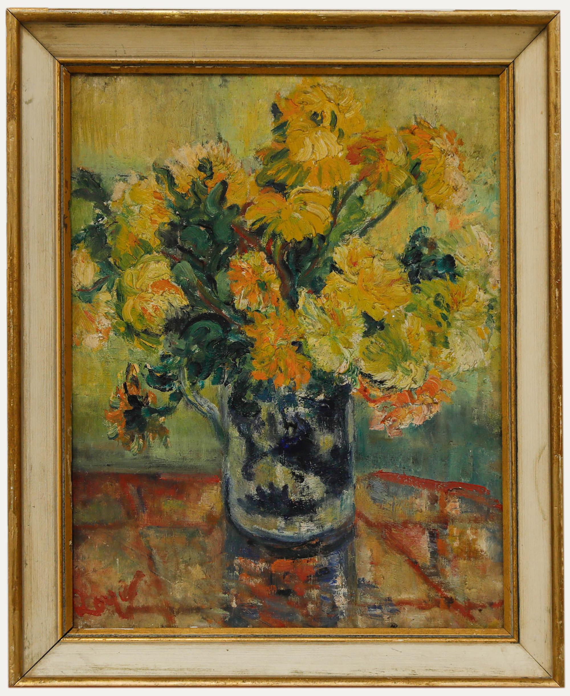 Still-Life Painting Unknown - Huile encadrée du milieu du 20e siècle - Nature morte aux soucis dans une cruche