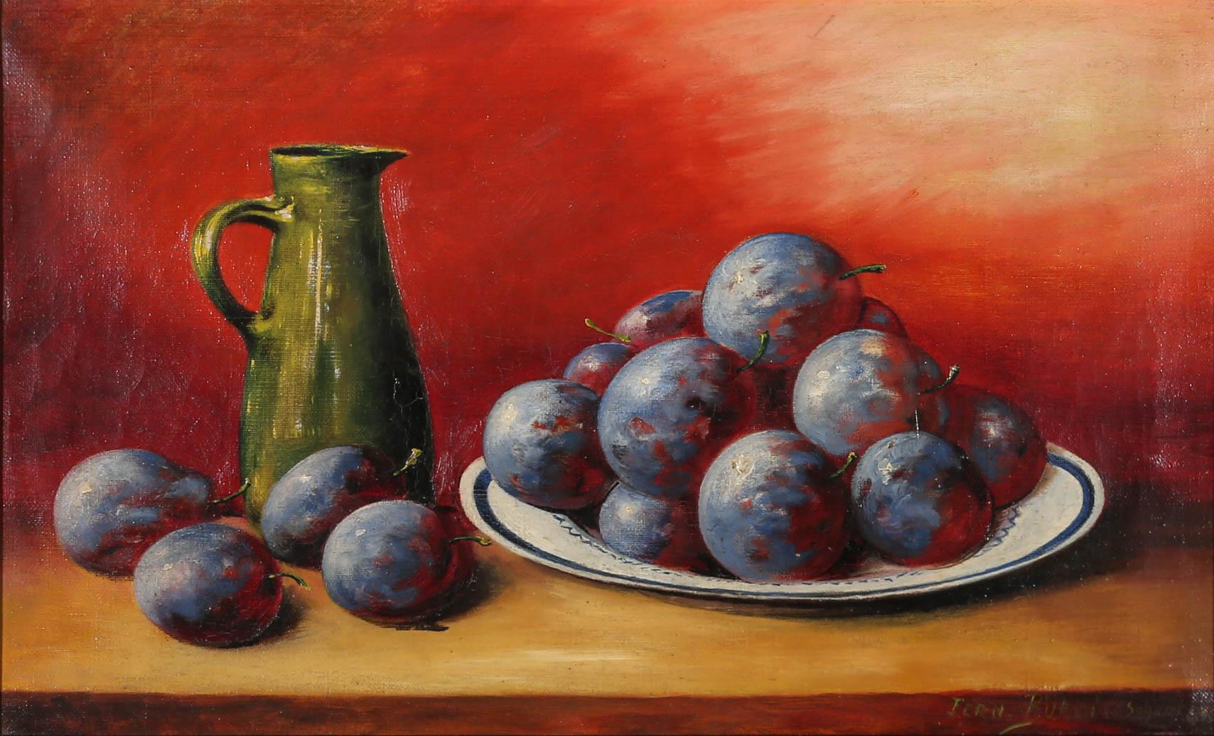 Framed Mid 20th Century Oil - Still Life of Purple Plums - Painting by Unknown