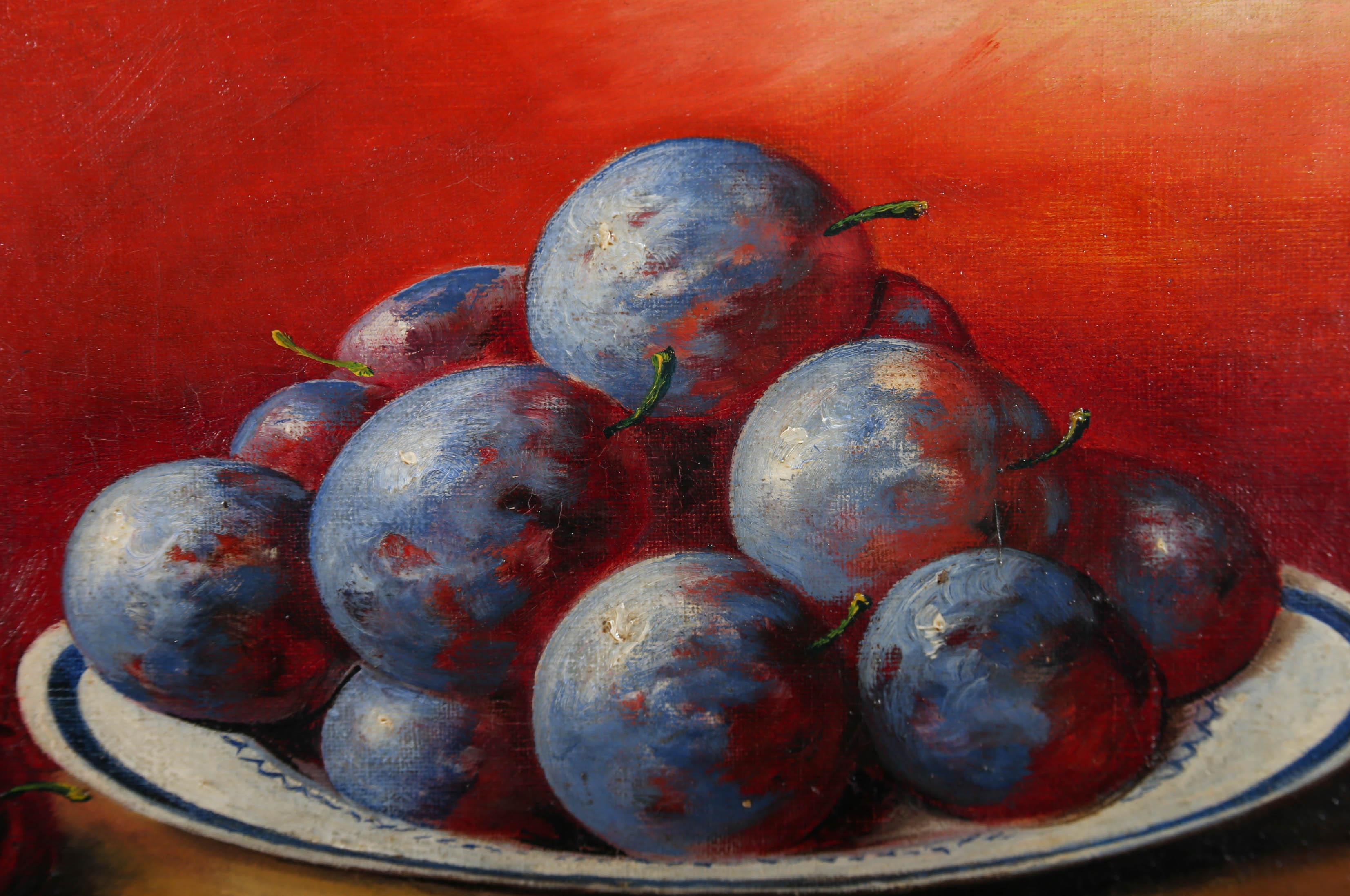 Framed Mid 20th Century Oil - Still Life of Purple Plums For Sale 2