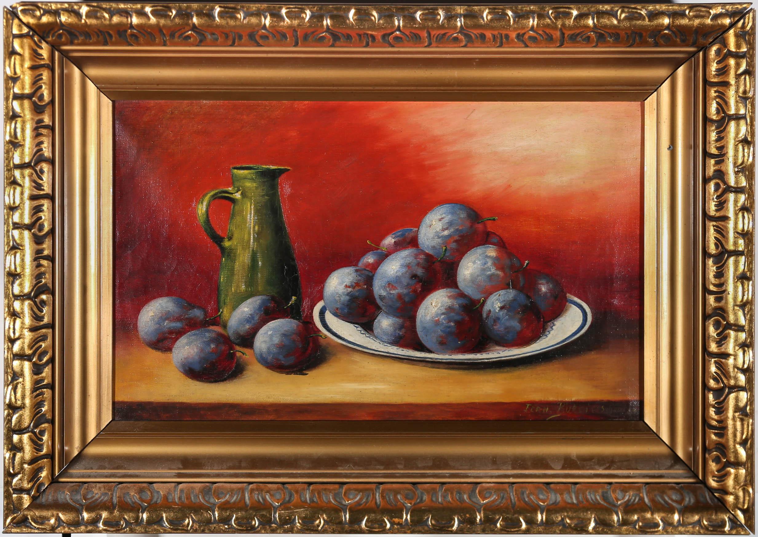 Unknown Still-Life Painting - Framed Mid 20th Century Oil - Still Life of Purple Plums