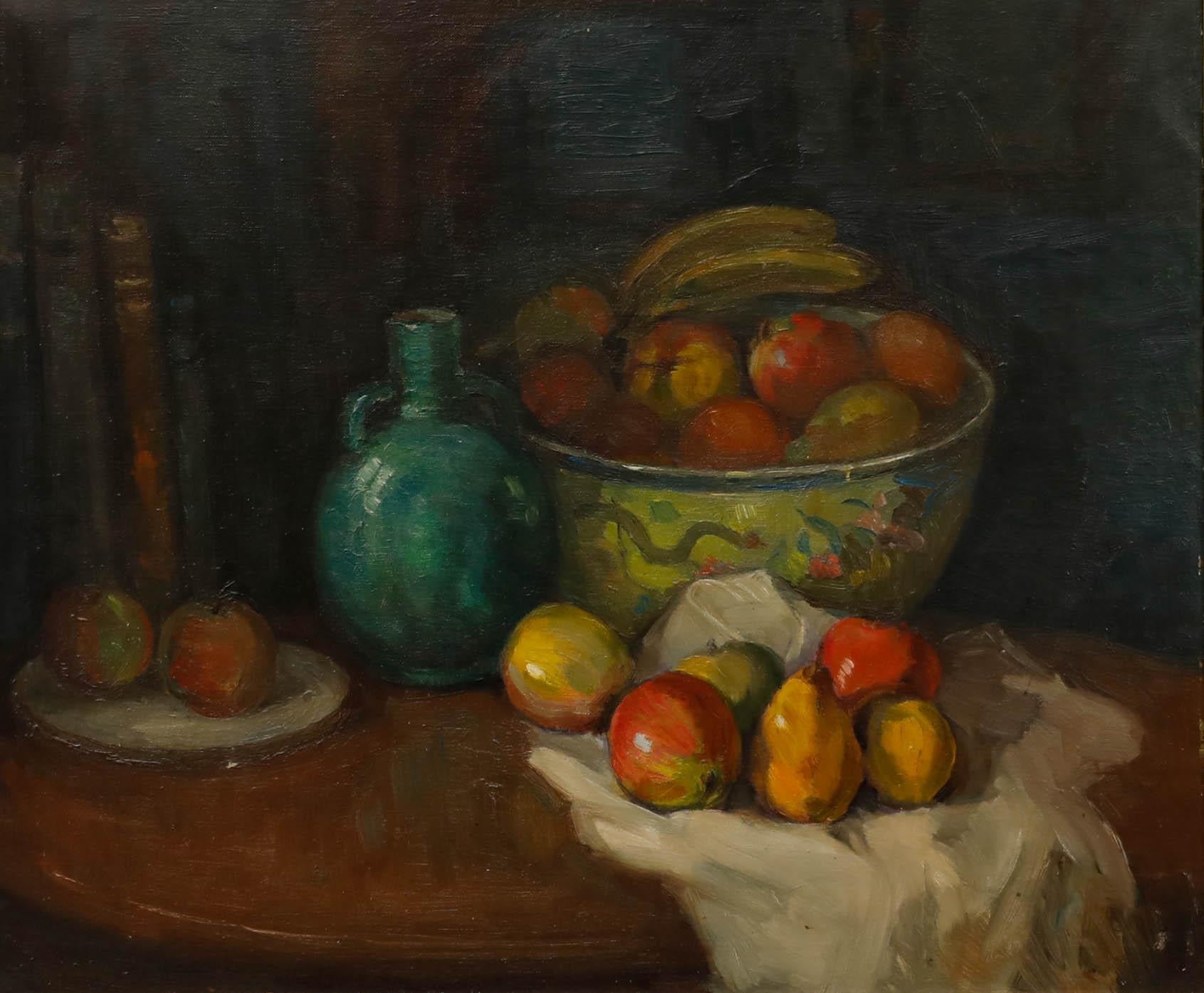 Óleo enmarcado de mediados del siglo XX - Bodegón con frutero - Painting de Unknown