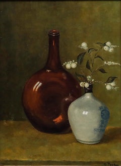 Huile encadrée du milieu du 20e siècle - Nature morte avec bouteille de sauce soja