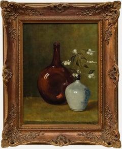 Huile encadrée du milieu du 20e siècle - Nature morte avec bouteille de sauce soja