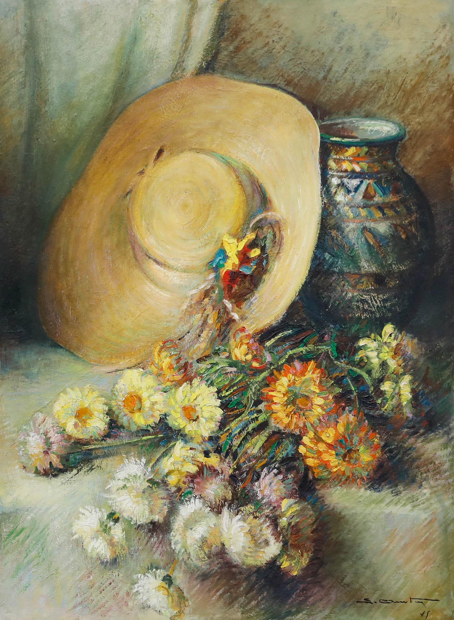 Gerahmtes Öl aus der Mitte des 20. Jahrhunderts - Stillleben mit Sonnenhut – Painting von Unknown