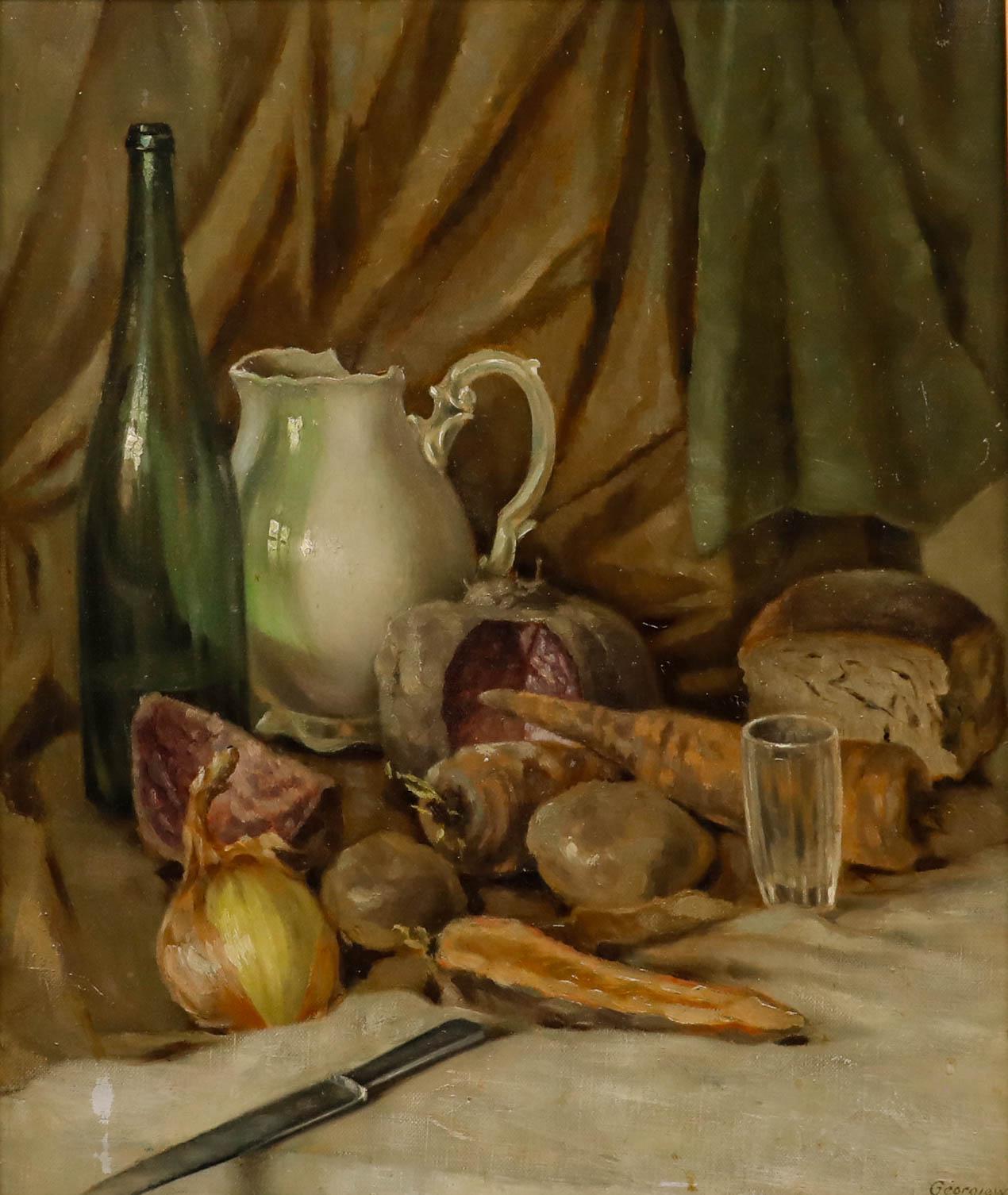 Gerahmtes Öl aus der Mitte des 20. Jahrhunderts - Stillleben mit Gemüse – Painting von Unknown