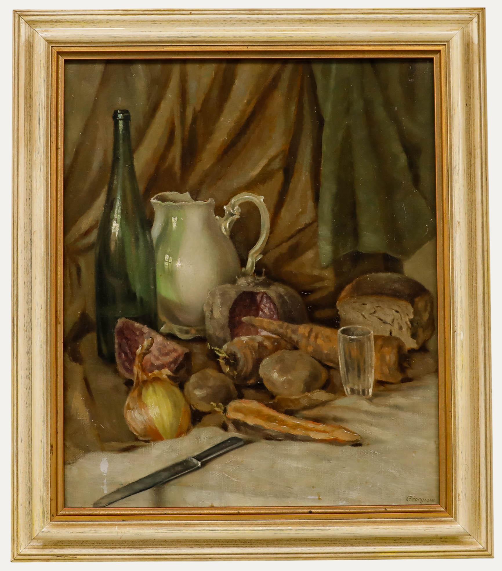 Gerahmtes Öl aus der Mitte des 20. Jahrhunderts - Stillleben mit Gemüse